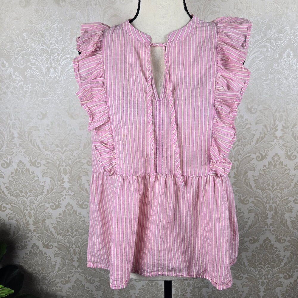 LOFT Size Small Pink White Striped Sleeveless Blouse Split V Neck Tie Ruffles